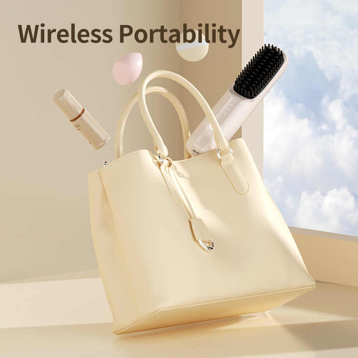 Beige Rechargeable Wireless Hair Straightening Brush - Sleek and Portable Styling Tool