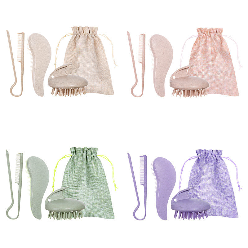 Green Eco-Friendly Wheat Straw Hair Care Set - Massage Brush, Detangling Comb, and V-shaped Comb for All Hair Types