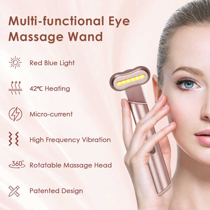 Pink LED Facial Skincare Wand - Portable Eye Care Device, EMS Microcurrent & Red Light Therapy for Wrinkles, Dark Circles, and Puffiness Relief